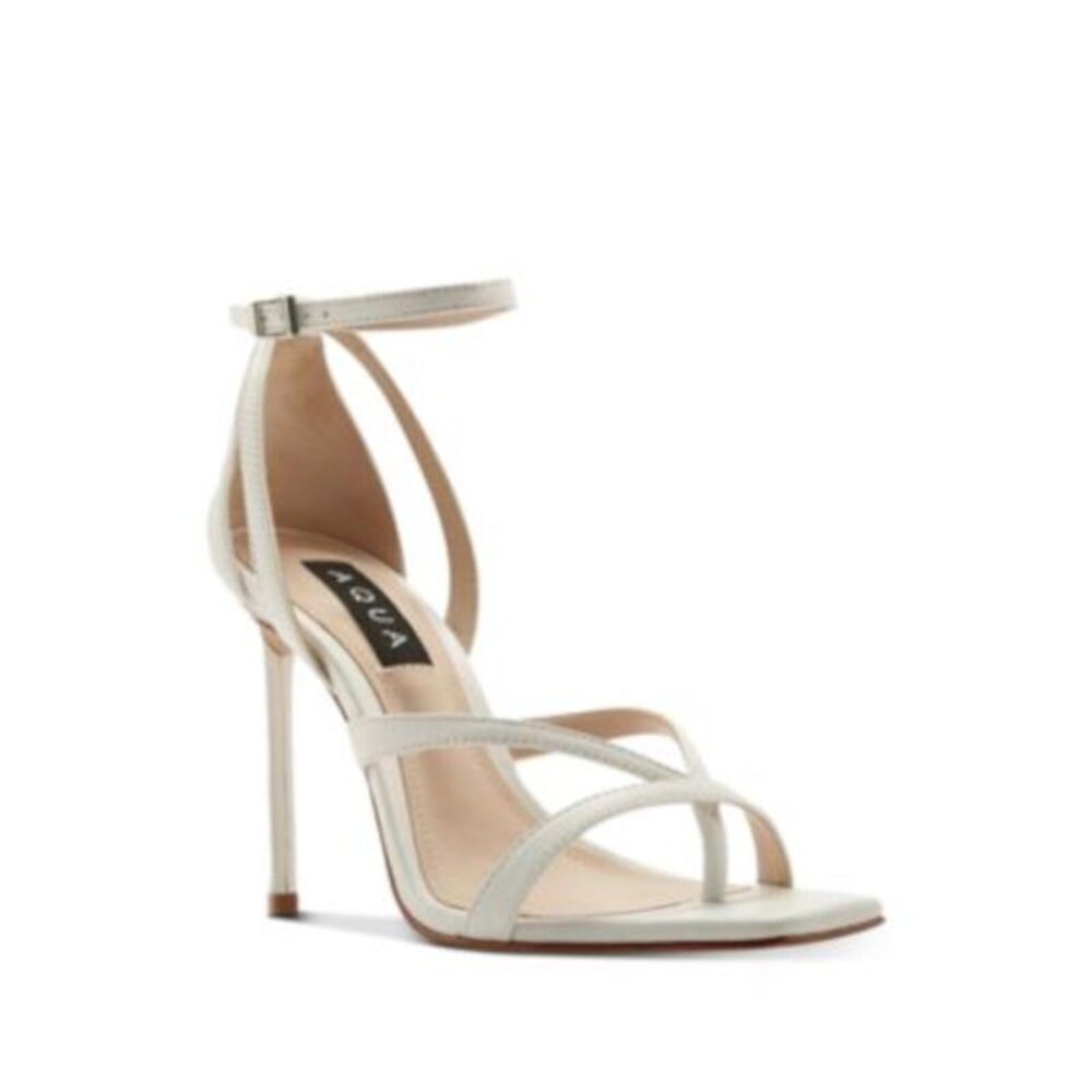 AQUA Womens White Luanda Square Toe Stiletto Leather Heeled Thong Sandals 9